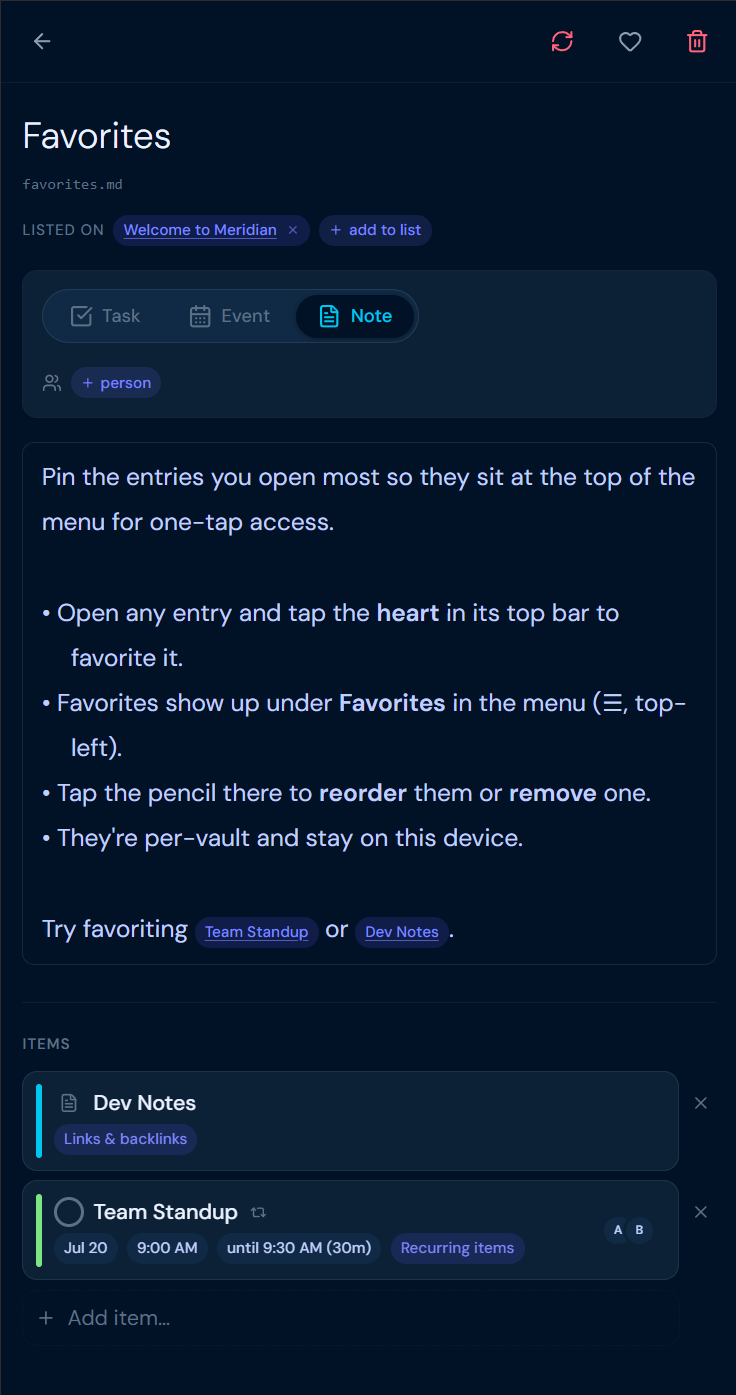 An entry open in Meridian's editor, with a listed-on row near the top and an items section at the bottom.
