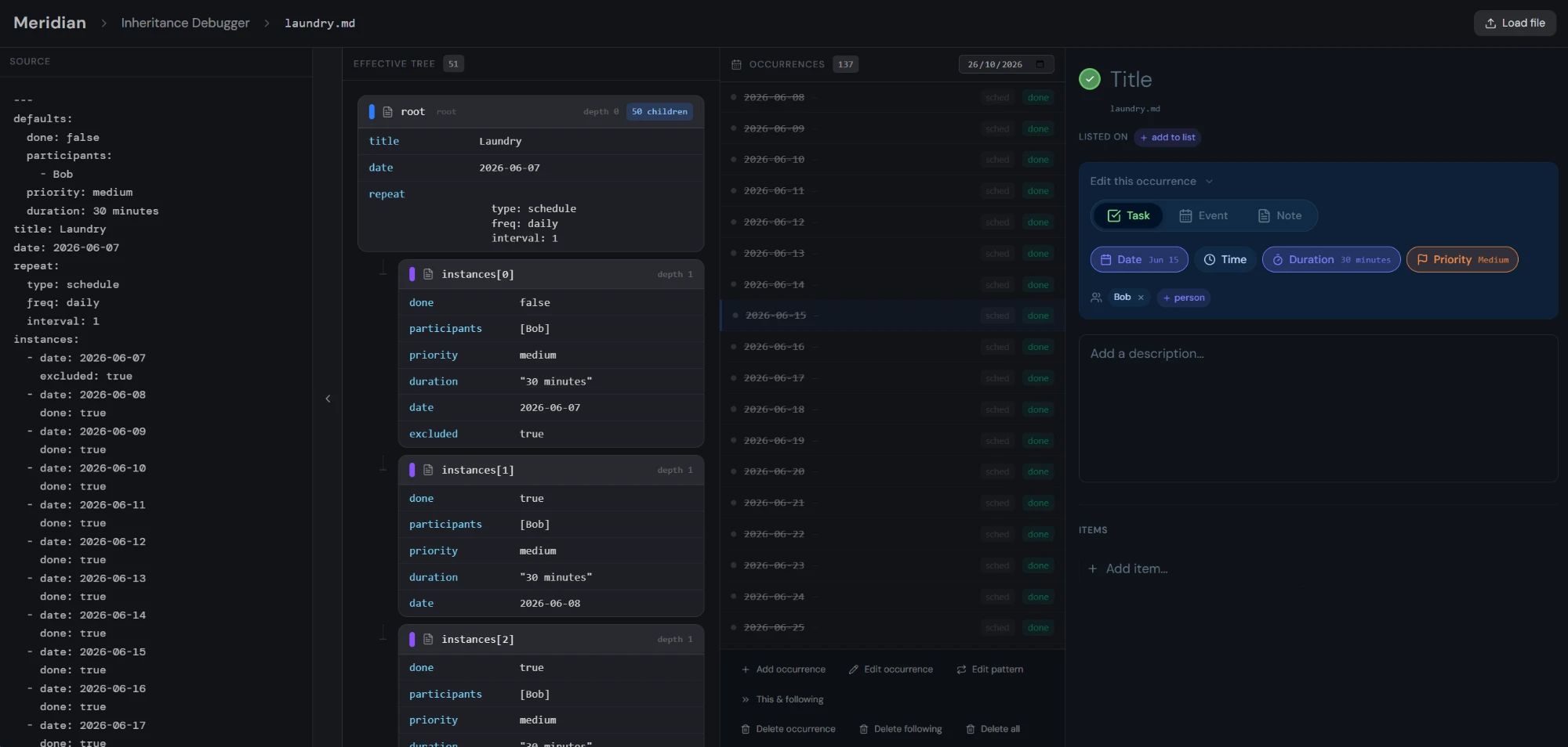 The inheritance debugger — source YAML on the left, the effective tree in the middle, and the expanded list of occurrences on the right.