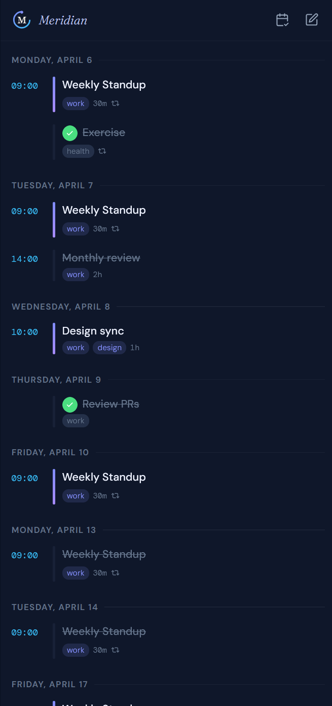An early mobile prototype of the app — an agenda list of standups and tasks in a dark theme.